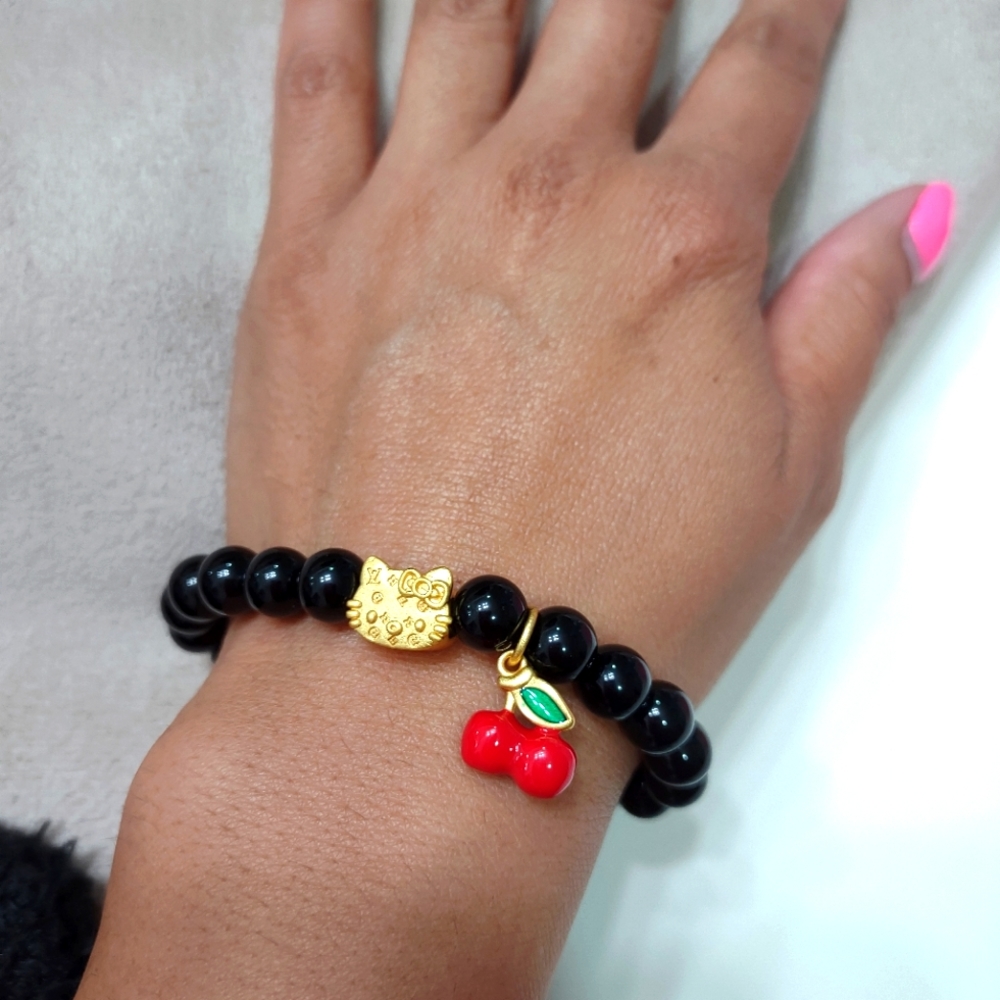 Black Obsidian Hello Kitty Charm Bracelet